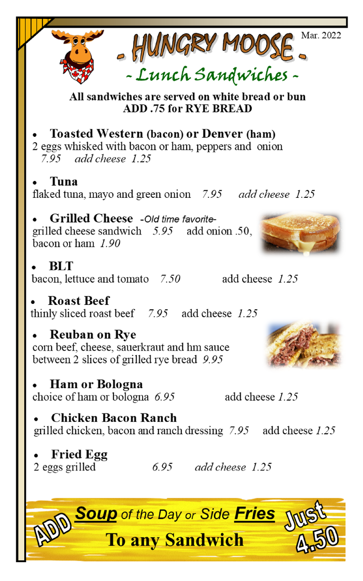Hungry Moose Lunch Menu