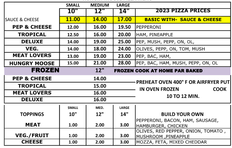 Pizza menu