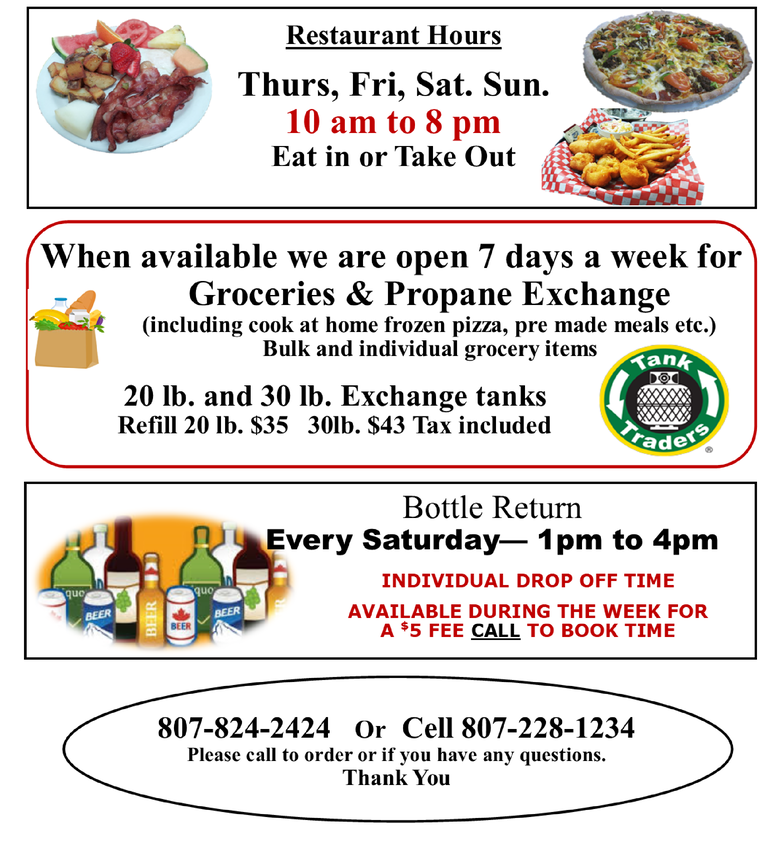 Restaurant hours and grocery specials